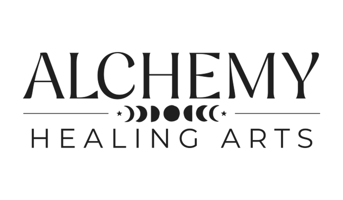 Alchemy Healing Arts logo: the name in serif capitals above a row of moon phases.