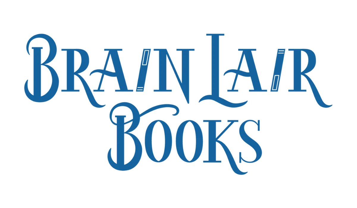 Brain Lair Books logo: the shop name in blue display lettering.