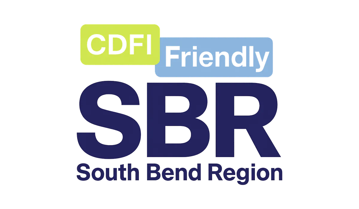 CDFI Friendly logo: "CDFI" in white on a yellow-green block beside "Friendly" in white on a pale blue block, above "SBR" and "South Bend Region" in navy.