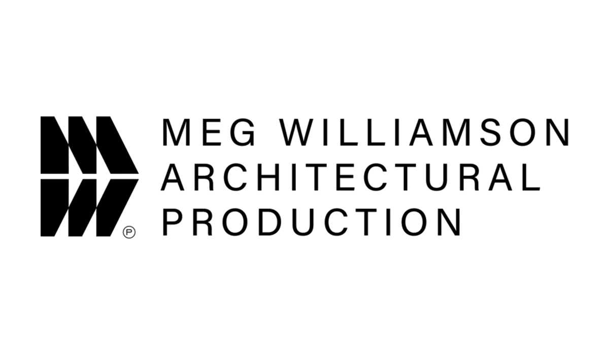 Meg Williamson Architectural Production logo: an angular MW monogram beside the name in letter-spaced capitals.