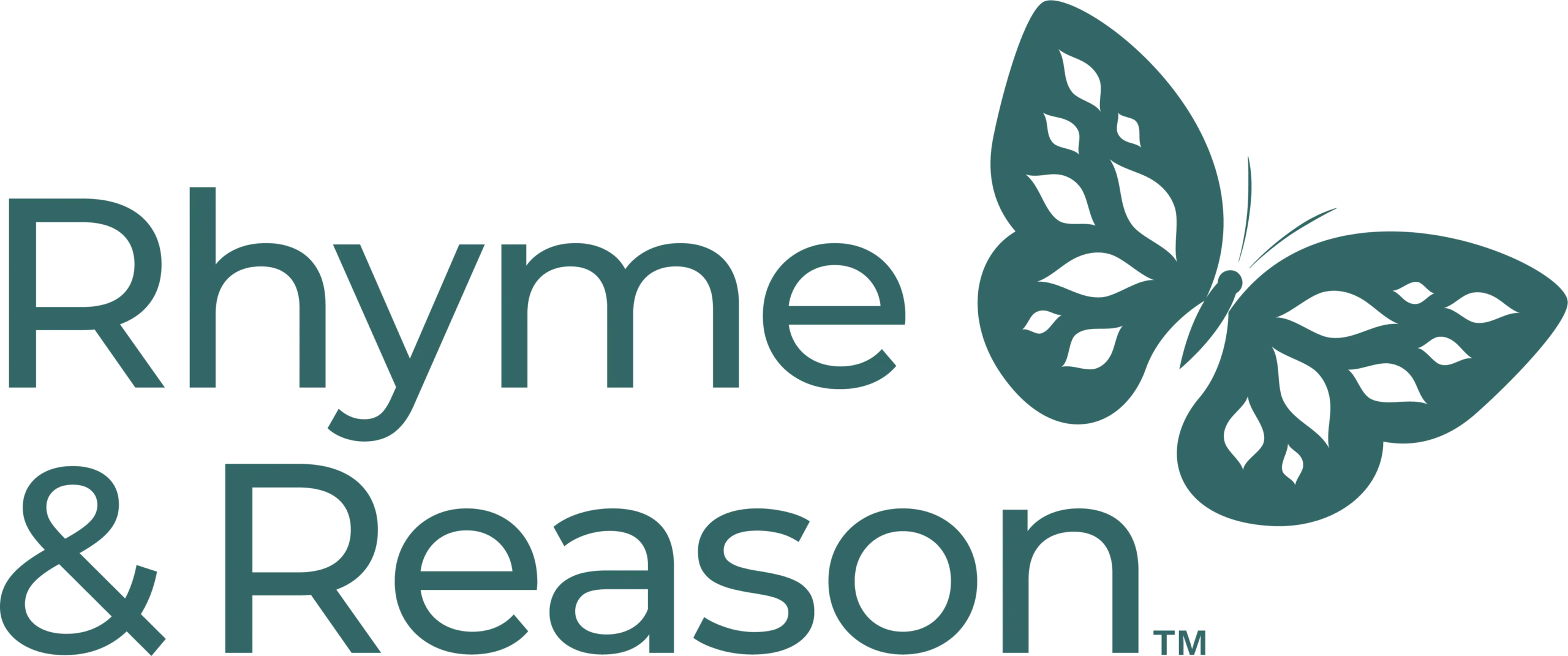 Rhyme & Reason logo: the name in teal lowercase beside a teal butterfly.